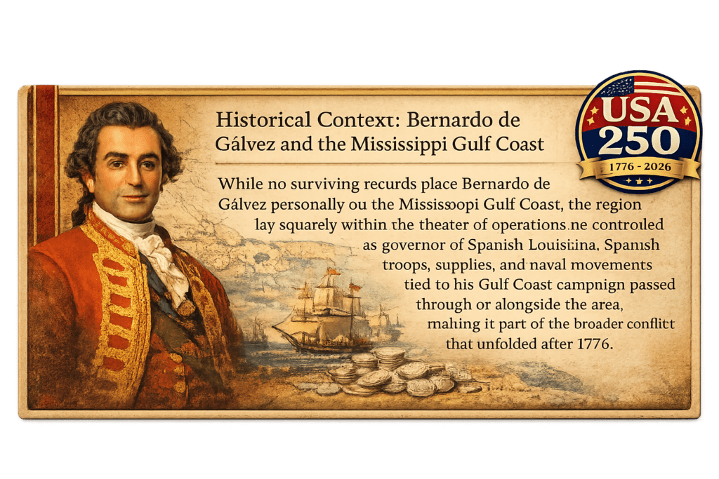 Portrait of Bernardo de Gálvez with Spanish ships, silver coins, and a USA 250th Anniversary badge illustrating Spain’s Gulf Coast role in the American Revolutionary War