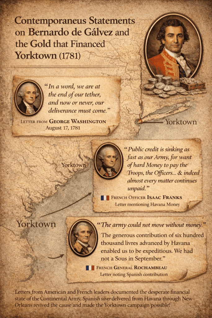 Historical infographic showing contemporary 1781 statements from American and French leaders about the lack of money during the Revolutionary War and the Spanish silver from Havana that enabled the Yorktown campaign under Bernardo de Gálvez’s authority