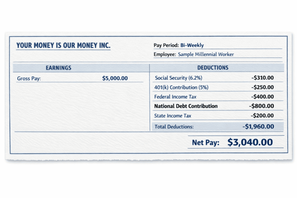Illustrative paycheck stub from a fictional company showing gross pay of $5,000 with deductions for Social Security, 401(k), federal tax, an implied national debt cost, state tax, and net pay.