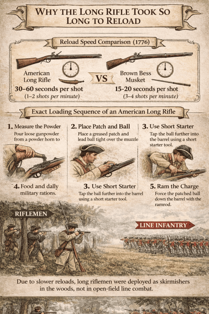 Infographic comparing reload times of an American long rifle and a British Brown Bess musket in 1776, showing the step-by-step loading process of the long rifle and illustrating why riflemen fired only 1–2 shots per minute compared to 3–4 shots per minute from muskets.
