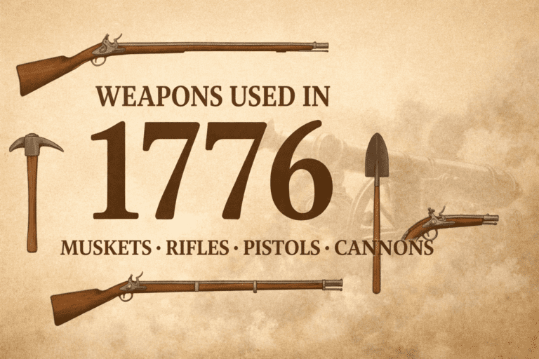 Weapons used in 1776 featuring musket, long rifle, flintlock pistol, and tools from the Revolutionary War with 1776 title on vintage background