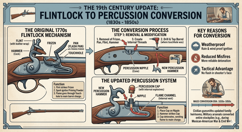 An infographic titled "The 19th Century Update: Flintlock to Percussion Conversion (1830s - 1850s)." It is divided into four panels. The first panel details the original 1770s flintlock mechanism, labeling the flint, hammer, frizen, and powder pan. The second panel illustrates the conversion process, showing the removal of the old sparking mechanism and the drilling of the barrel to install a threaded percussion nipple. The third panel shows the updated percussion system, featuring a cross-section of a new hammer striking a cap to send a flame directly into the barrel. The final panel lists key reasons for the conversion: weatherproof ignition, reduced misfires, and the tactical advantage of eliminating the flash in the shooter's face.