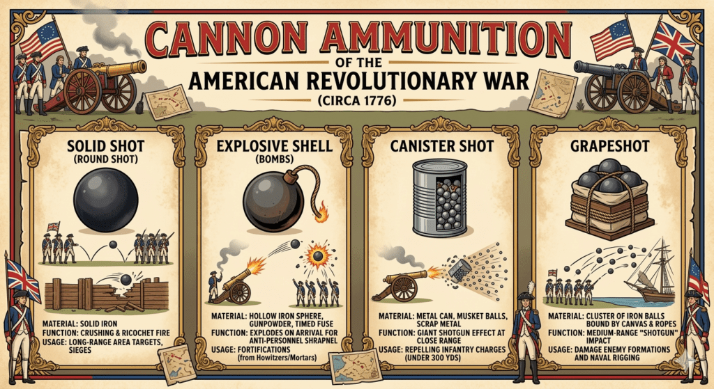 An illustrated infographic titled "Cannon Ammunition of the American Revolutionary War (Circa 1776)". It features four distinct panels explaining different types of artillery projectiles. The first panel shows "Solid Shot (Round Shot)" made of solid iron, illustrating how it bounced through infantry and smashed fortifications. The second panel shows "Explosive Shell (Bombs)" with a lit timed fuse, depicting it bursting mid-air above troops. The third panel displays "Canister Shot," a metal can filled with musket balls, firing from a cannon like a giant shotgun at close range. The fourth panel shows "Grapeshot," a cluster of iron balls bound by canvas, being fired at enemy formations and a naval ship's rigging. The graphic is bordered with American and British flags and soldiers in period uniforms.