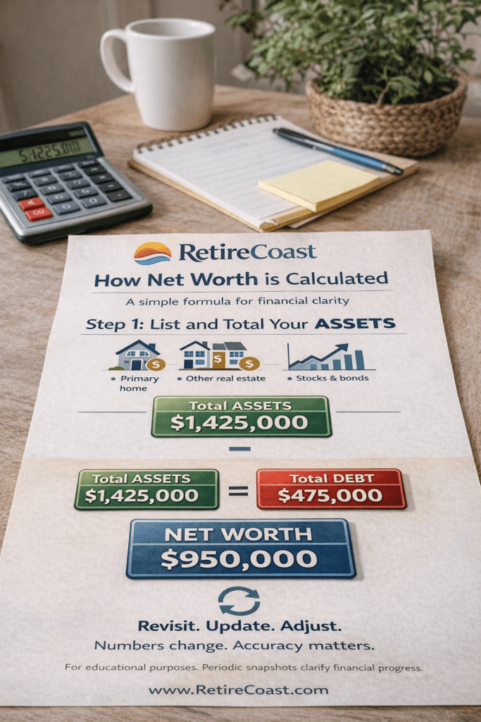 RetireCoast infographic showing how net worth is calculated by subtracting total debt from total assets to arrive at net worth.