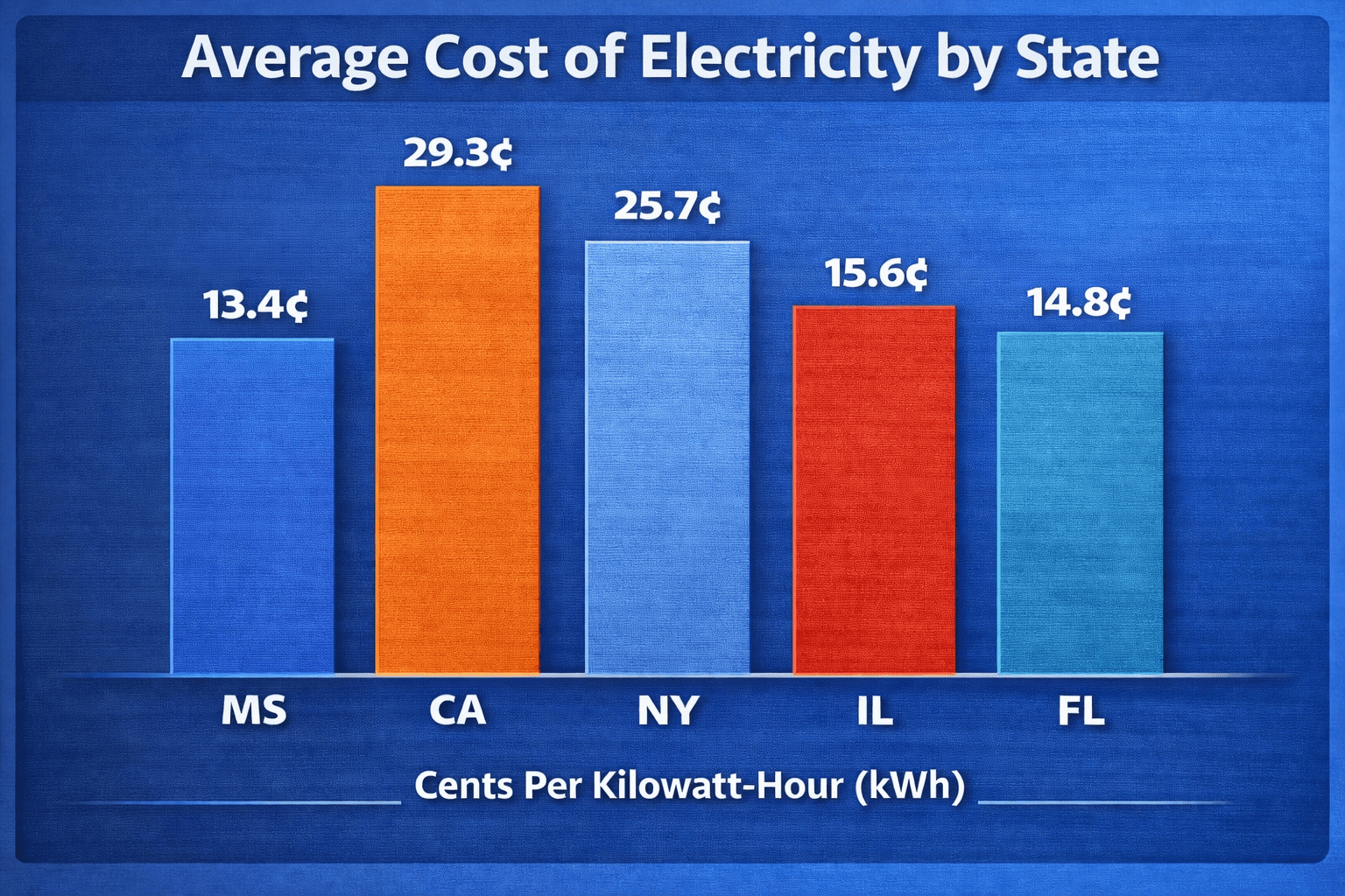 Infographic comparing cost of electricity per kilowatt-hour in Mississippi and California