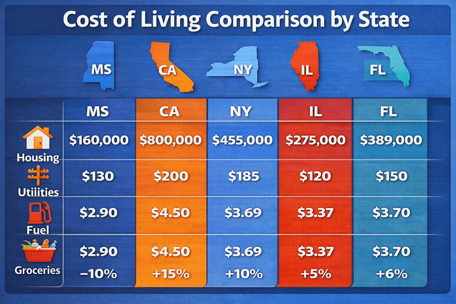 Five-state cost of living comparison for Mississippi, California, New York, Illinois and Florida
