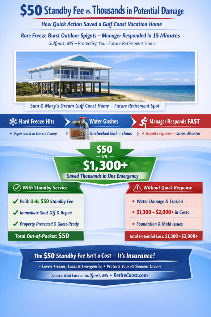 Infographic comparing a $50 standby property management fee to $1,300 or more in potential water damage after a rare freeze burst outdoor spigot at a Gulf Coast vacation home in Gulfport, Mississippi.
