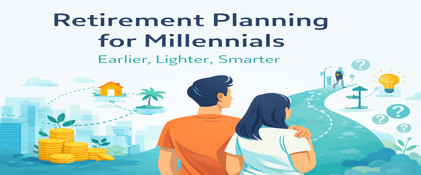 Illustration of millennials exploring retirement planning options along a financial timeline, showing a flexible path toward long-term financial security.