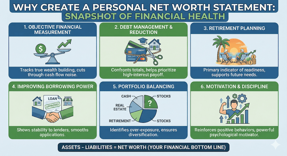 An infographic titled "Why Create a Personal Net Worth Statement: Snapshot of Financial Health." It features six key benefits, each with a corresponding illustration:
Objective Financial Measurement: A balance scale weighing money against a graph, representing true wealth building.
Debt Management & Reduction: A credit card being cut by scissors near a house and graduation cap, symbolizing confronting debt.