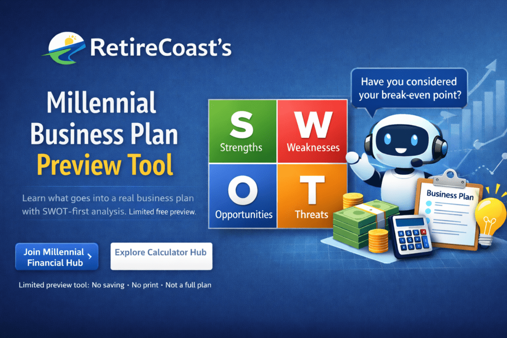 RetireCoast Millennial Business Plan Preview Tool banner featuring a SWOT analysis grid, a business planning assistant graphic, and visuals representing strategy, costs, and early-stage planning in a limited free preview.