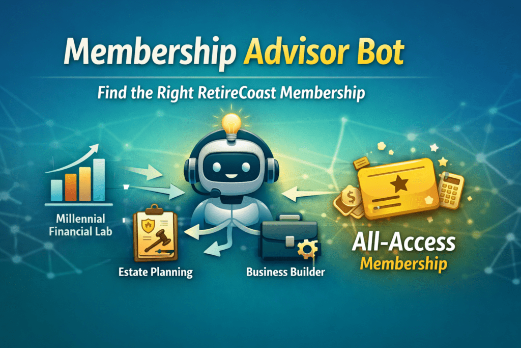 Membership Advisor Bot tool that helps visitors choose between RetireCoast memberships including Millennial Financial Lab, Estate Planning, Business Builder, and All-Access.