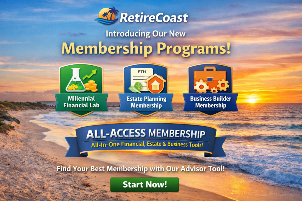 RetireCoast membership announcement graphic showing Millennial Financial Lab, Estate Planning Membership, Business Builder Membership, and an All-Access Membership option over a Mississippi Gulf Coast beach sunset background.