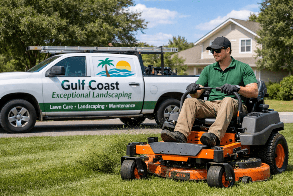 Millennial landscaping business owner driving a zero-turn mower while a branded truck for Gulf Coast Exceptional Landscaping is parked nearby in a residential neighborhood