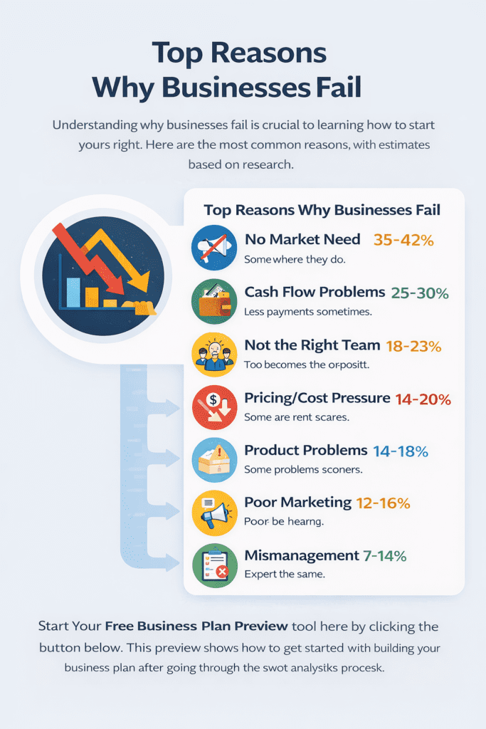 Infographic showing the top reasons why businesses fail, including no market need at 35–42%, cash flow problems, competition and pricing pressure, and poor management