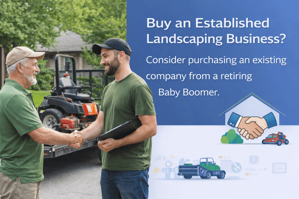 Millennial entrepreneur shaking hands with a retiring landscaping business owner, representing the purchase of an established landscaping business with existing equipment and customers