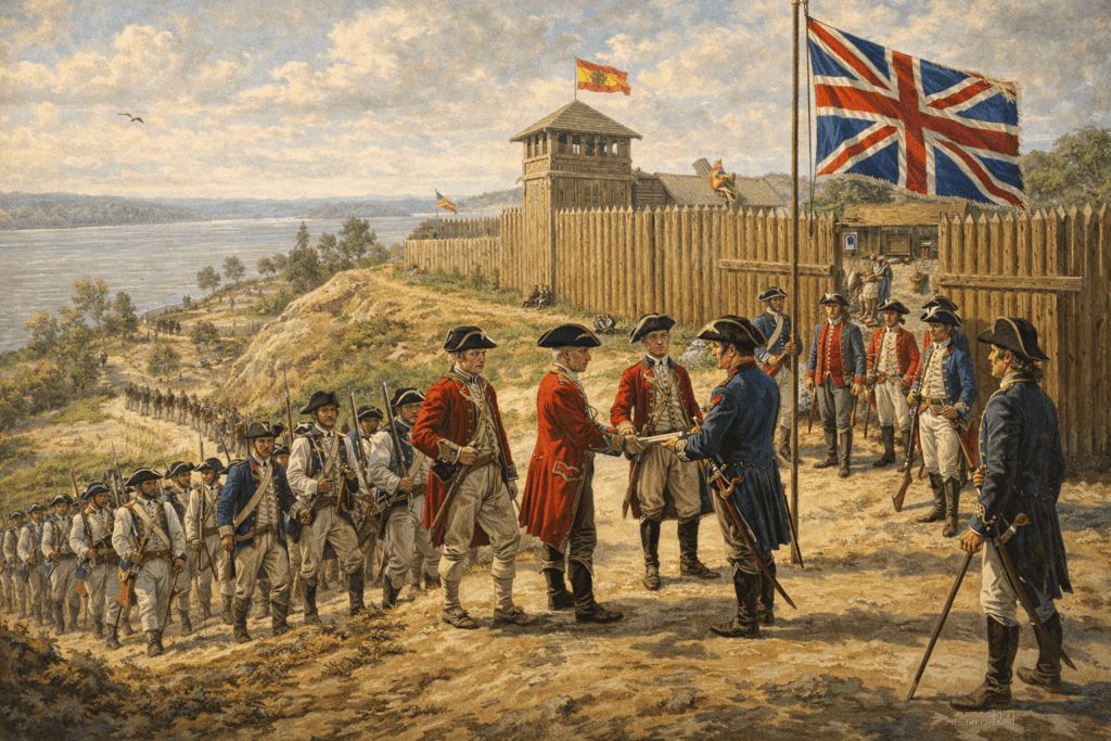 Spanish forces under Bernardo de Gálvez accepting the surrender of Fort Panmure in Natchez in 1779 during the Mississippi River campaign of the American Revolution with British troops lowering their flag