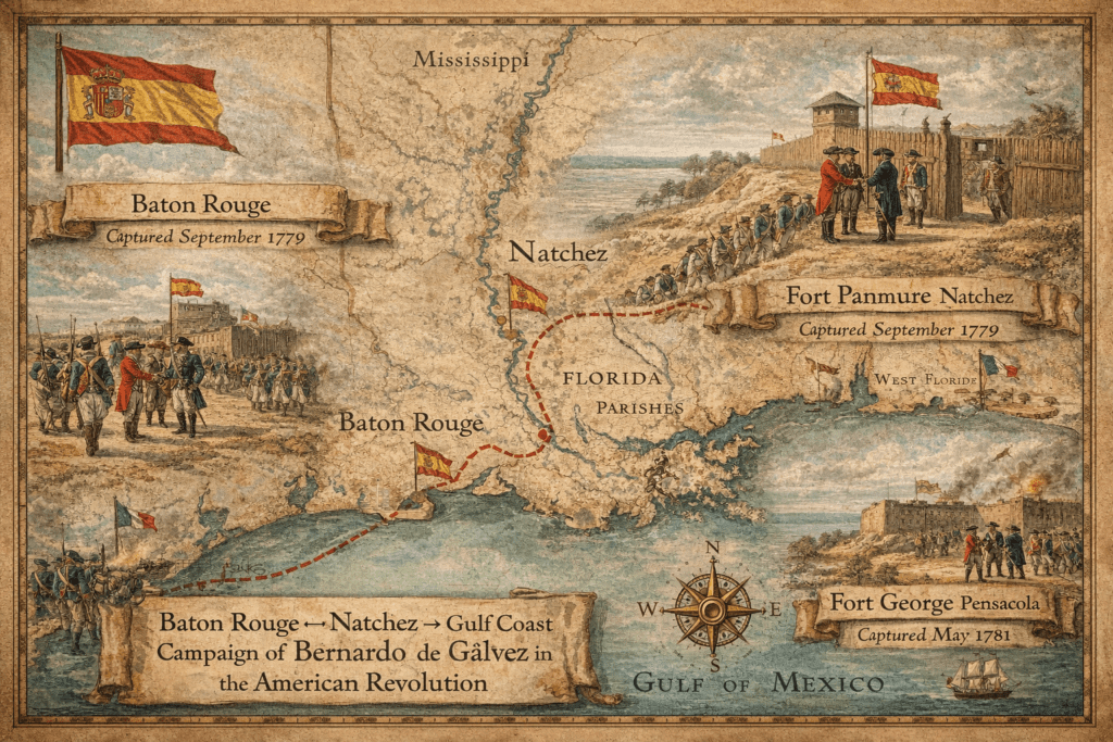 Historic map of Bernardo de Gálvez Gulf Coast campaign showing Baton Rouge, Natchez, and Mississippi Gulf Coast routes during the American Revolution with Spanish troop movements along the Mississippi River