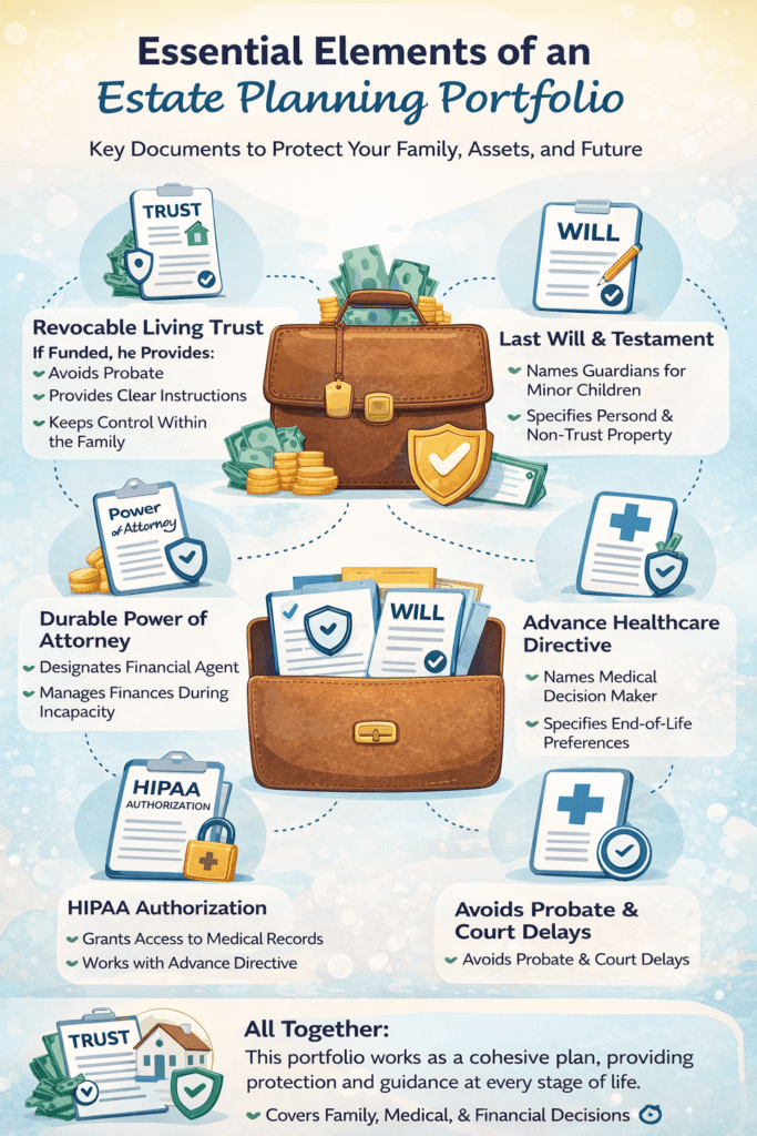 Infographic showing the key components of an estate planning portfolio, including a revocable living trust, will, durable power of attorney, advance healthcare directive, and HIPAA authorization.