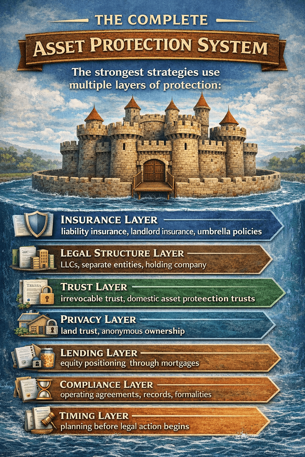 Complete asset protection system infographic showing insurance, LLCs, trusts, privacy, lending, compliance and timing layers