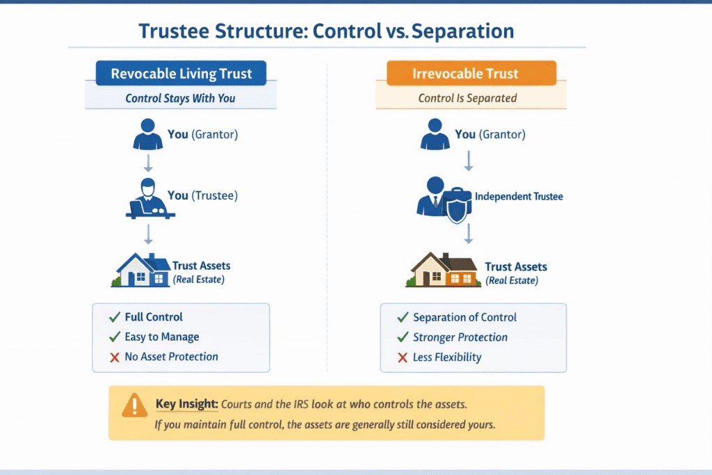 Trustee structure diagram comparing revocable vs irrevocable trust showing control versus independent trustee separation