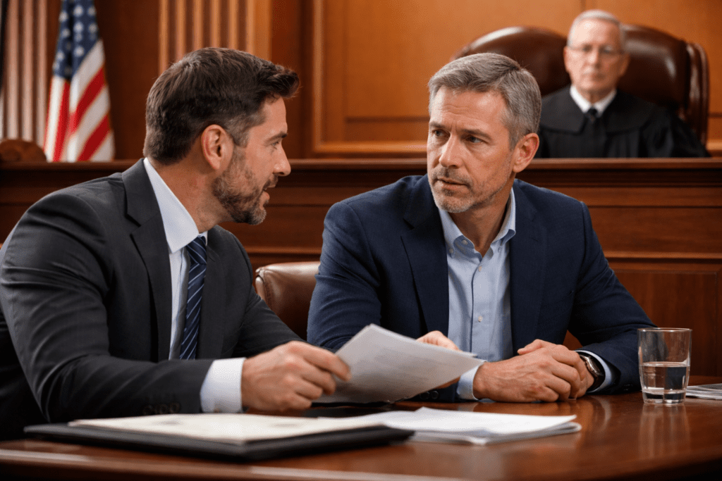 Sean and his attorney confering in court about the judges request to require the trustee to provide funds