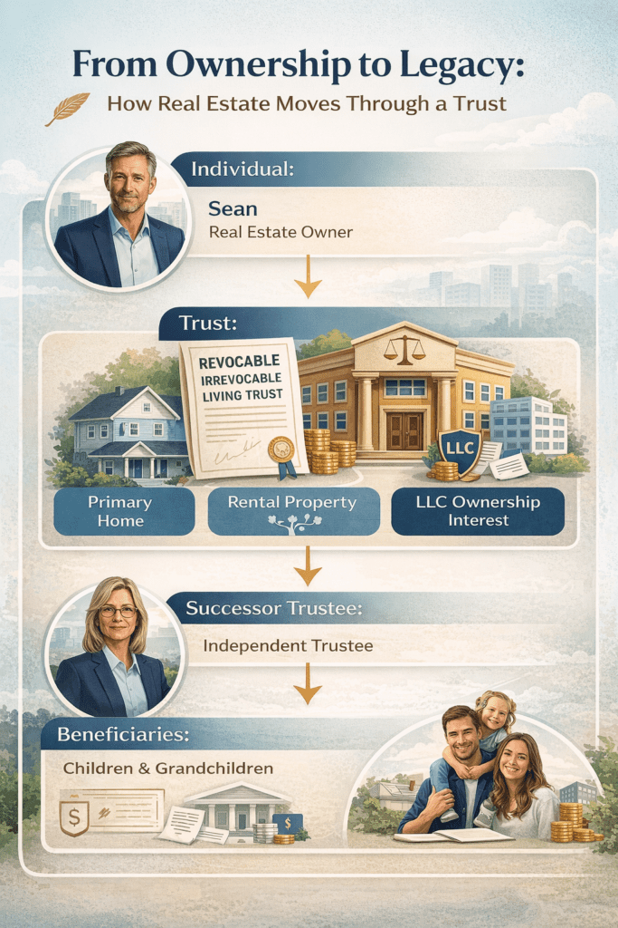 Infographic showing how real estate moves through a trust from individual ownership to trust, successor trustee, and beneficiaries including primary home, rental property, and LLC ownership interest