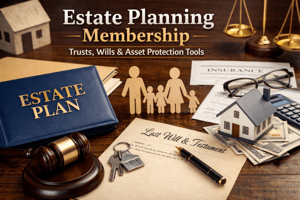 Estate planning membership concept showing trust binder, last will and testament document, family icons, house model, insurance papers, and financial tools arranged on a desk representing trusts, wills, and asset protection planning.