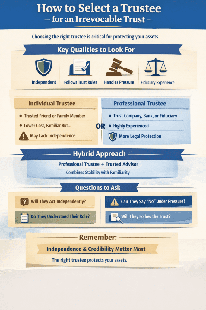 Infographic showing how to select a trustee for an irrevocable trust including individual vs professional trustee, key qualities, hybrid approach, and decision questions