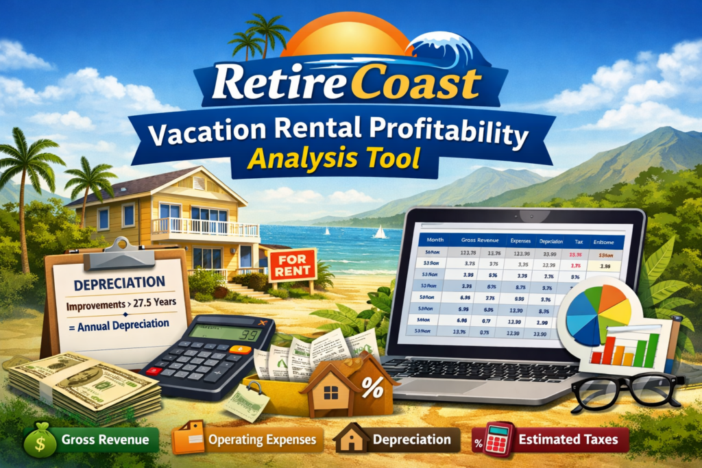 RetireCoast Vacation Rental Profitability Analysis Tool illustration showing a beach rental home, financial calculator, laptop with income spreadsheet, and icons representing gross revenue, operating expenses, depreciation, and estimated taxes.