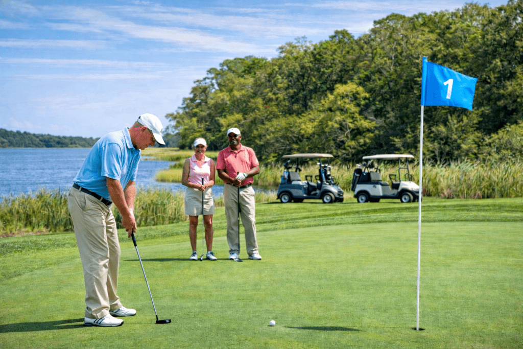 Group of golfers playing on a scenic Mississippi Gulf Coast golf course with water and coastal landscape in the background.