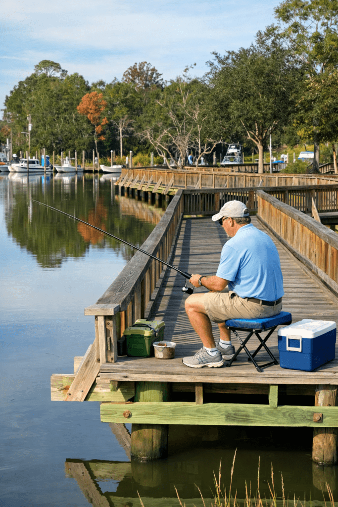 Person fishing from the Ocean Springs Inner Harbor pier overlooking calm marina waters along the Mississippi Gulf Coast.