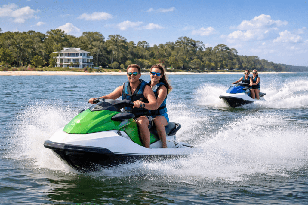 Two jet skis riding across the water along the Mississippi Gulf Coast on a sunny day.