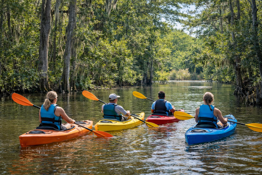 Four people kayaking through a quiet bayou surrounded by cypress trees along the Mississippi Gulf Coast.