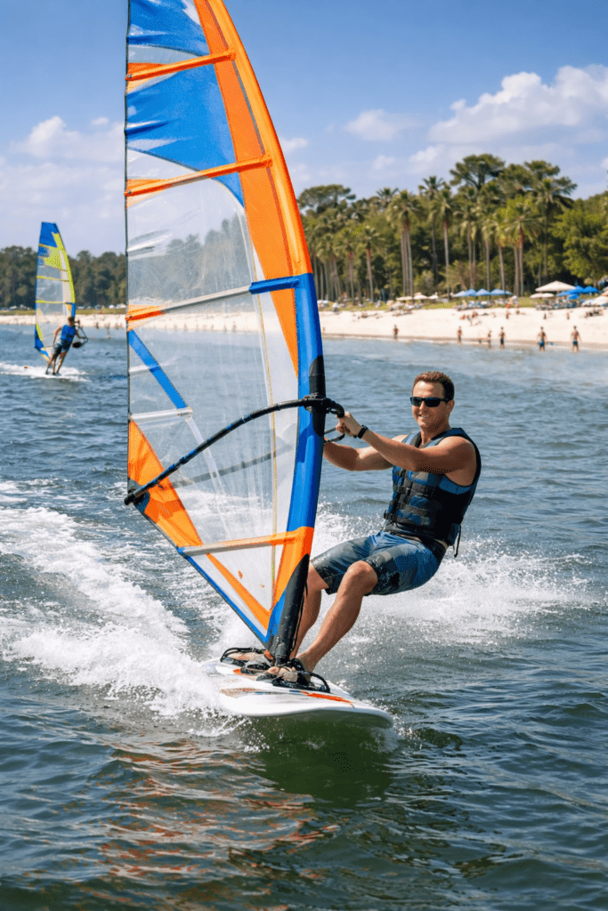 Windsurfer riding across shallow coastal waters near a beach on the Mississippi Gulf Coast.