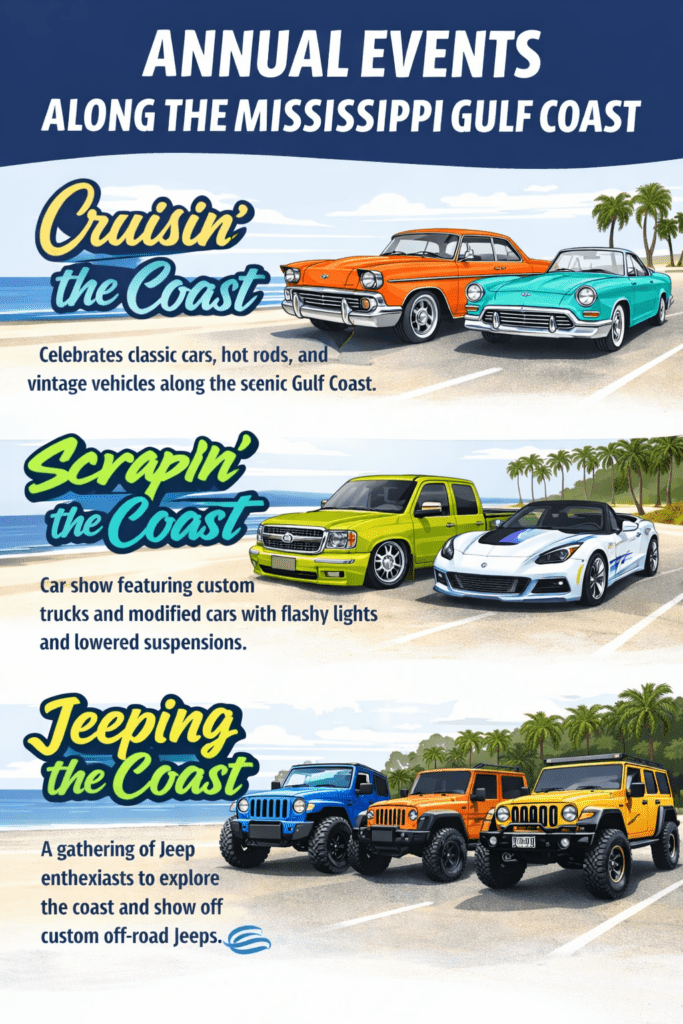 Infographic showing three annual Mississippi Gulf Coast events: Cruisin’ the Coast classic car show, Scrapin’ the Coast custom trucks and cars event, and Jeeping the Coast Jeep gathering.