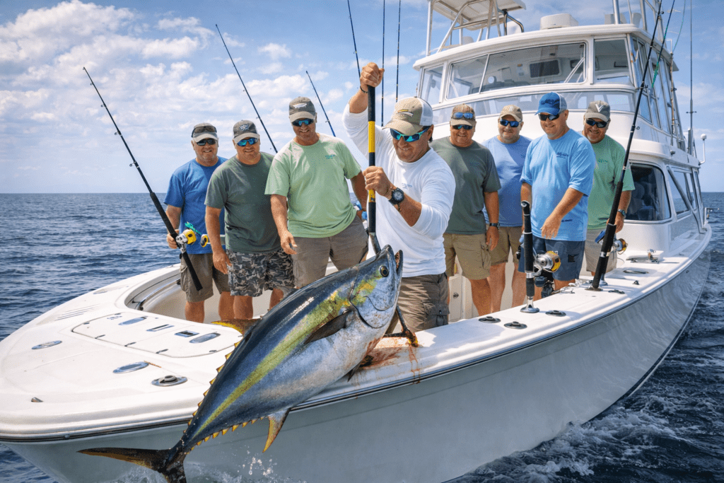 Group of anglers on a Gulf Coast fishing charter boat landing a large tuna in offshore waters.