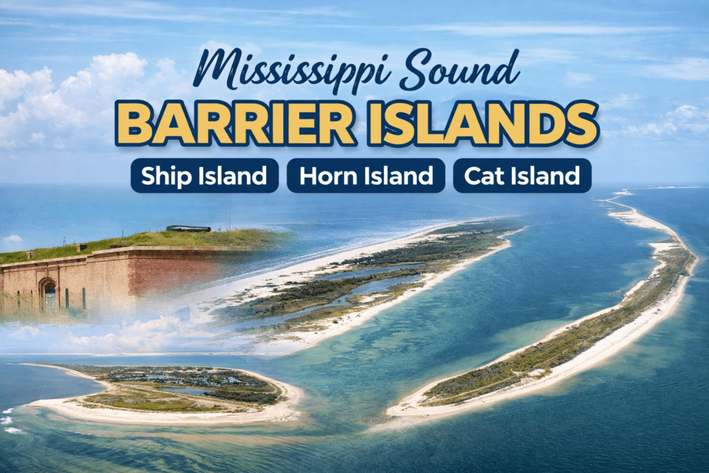 Aerial montage of Mississippi Sound barrier islands including Ship Island with Fort Massachusetts, Horn Island, and Cat Island surrounded by turquoise Gulf waters
