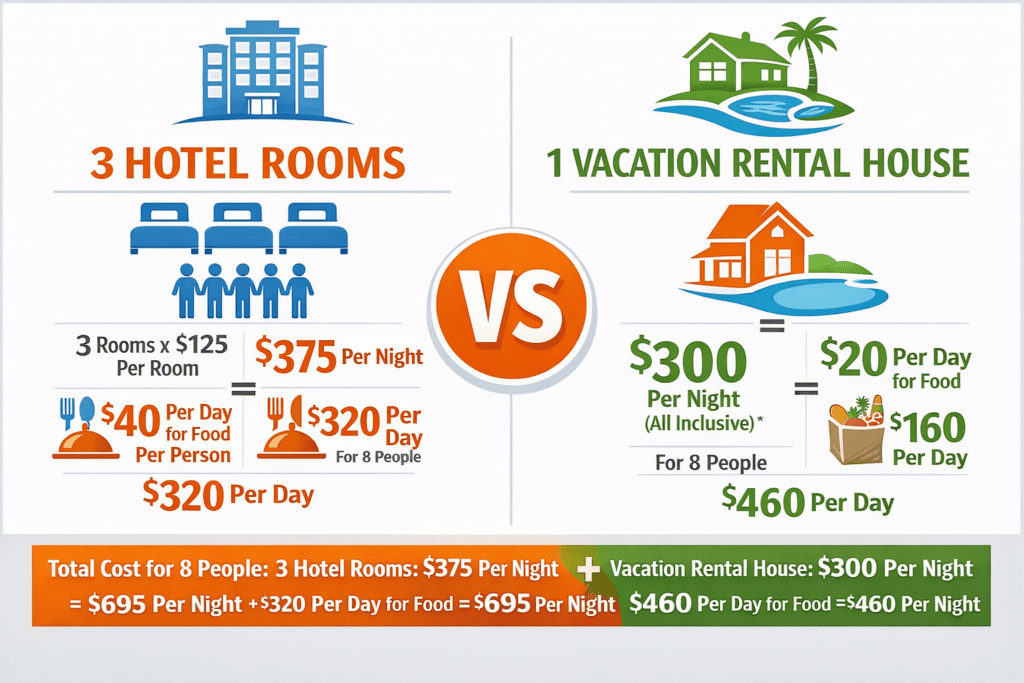 infographic showing cost of renting hotel rooms vs a vacation rental