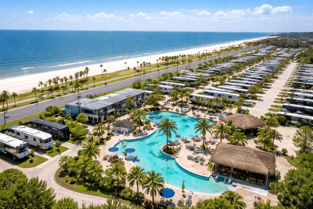 Luxury RV resort near the beach on the Mississippi Gulf Coast with motorhomes parked at large sites, palm trees, pool, and lazy river beside the shoreline.