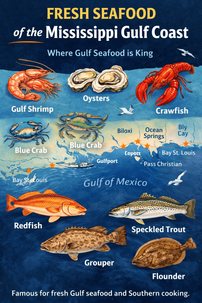 Infographic showing popular Mississippi Gulf Coast seafood including shrimp, oysters, crawfish, blue crab, redfish, grouper, speckled trout, and flounder harvested from the Gulf of Mexico.