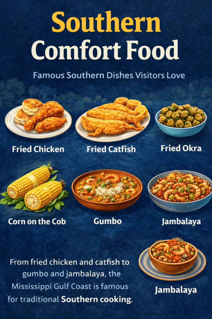 Infographic showing Southern comfort foods including fried chicken, fried catfish, fried okra, corn on the cob, gumbo, and jambalaya popular on the Mississippi Gulf Coast.