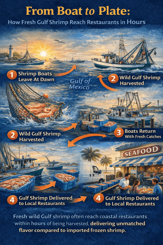 nfographic showing the journey of Gulf shrimp from shrimp boats in the Gulf of Mexico to local Mississippi Gulf Coast restaurants within hours of being caught.