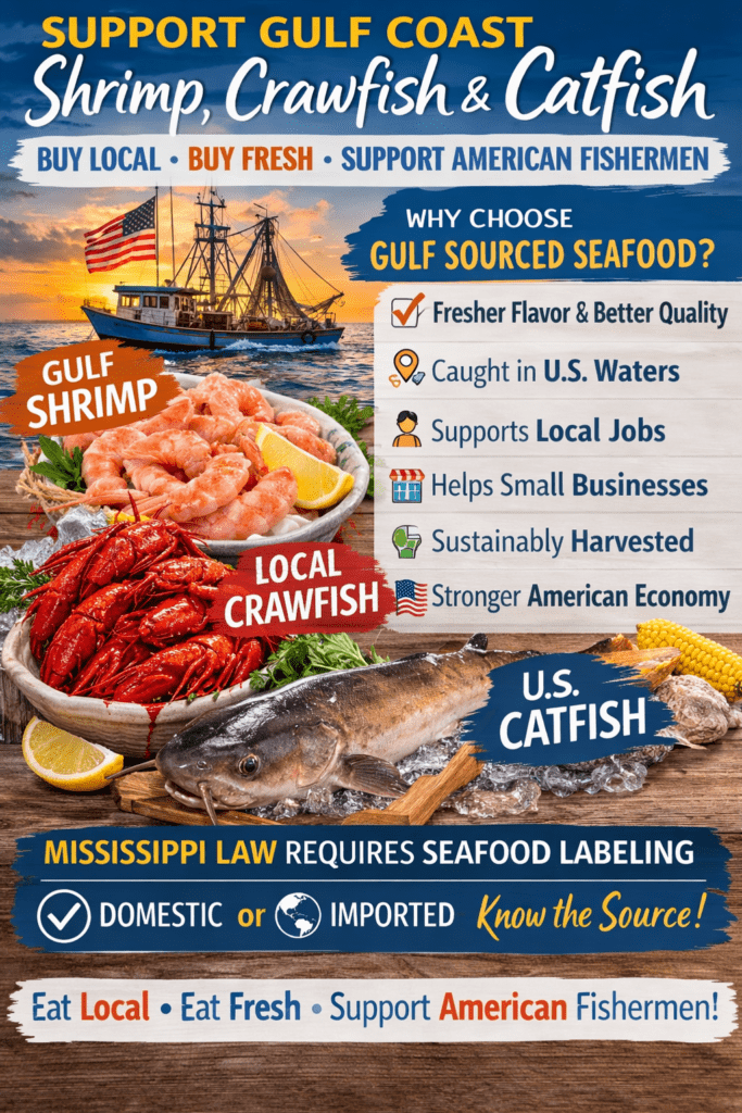 Infographic promoting Gulf Coast seafood including shrimp, crawfish, and catfish, encouraging diners to choose fresh domestic seafood and support local fishermen and Southern fisheries.