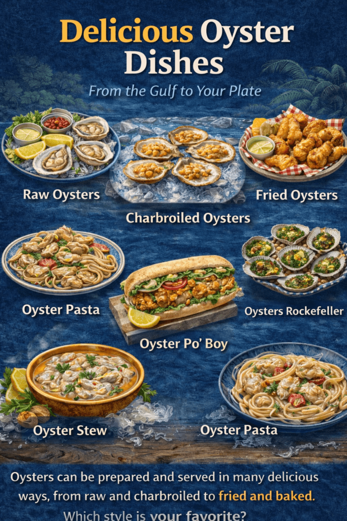 Infographic showing different ways oysters are prepared including raw oysters, charbroiled oysters, fried oysters, oysters Rockefeller, oyster po’ boy sandwiches, oyster stew, and oyster pasta.
