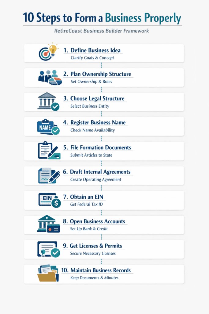 Infographic titled “10 Steps to Form a Business Properly” showing a step-by-step roadmap including defining the business idea, planning ownership structure, choosing a legal entity, registering the business name, filing formation documents, drafting agreements, obtaining an EIN, opening business accounts, securing licenses, and maintaining records.