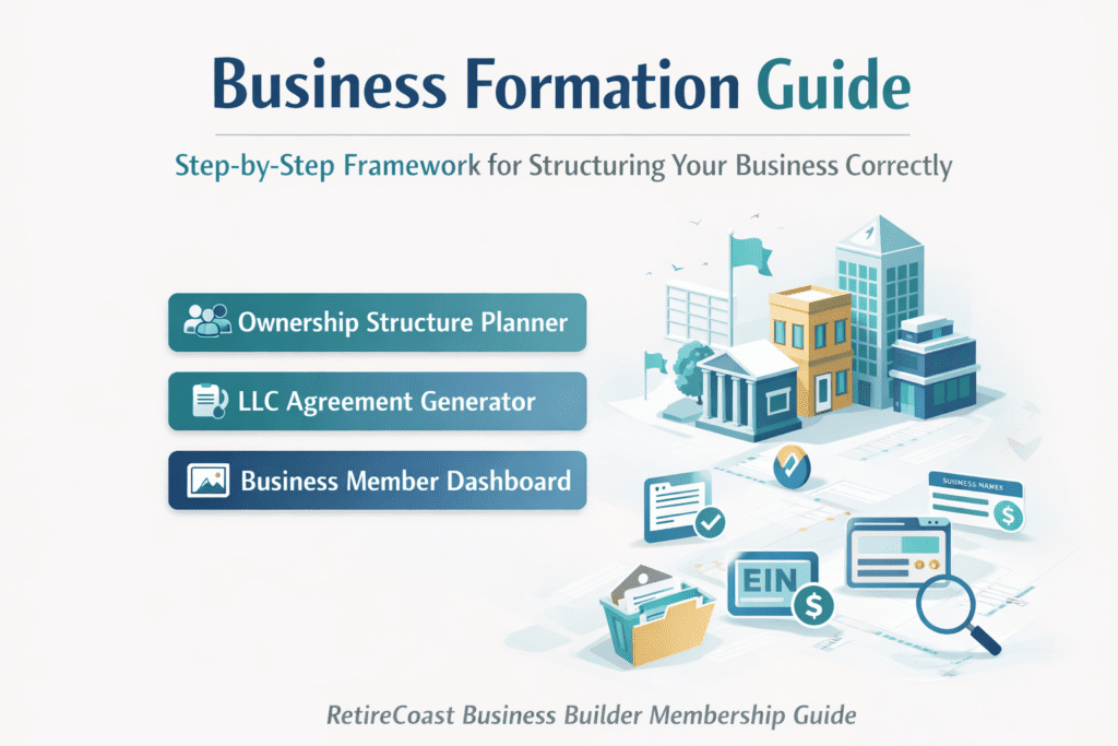 Featured image for the Business Formation Guide showing a modern business city illustration with icons representing EIN registration, documents, and financial a