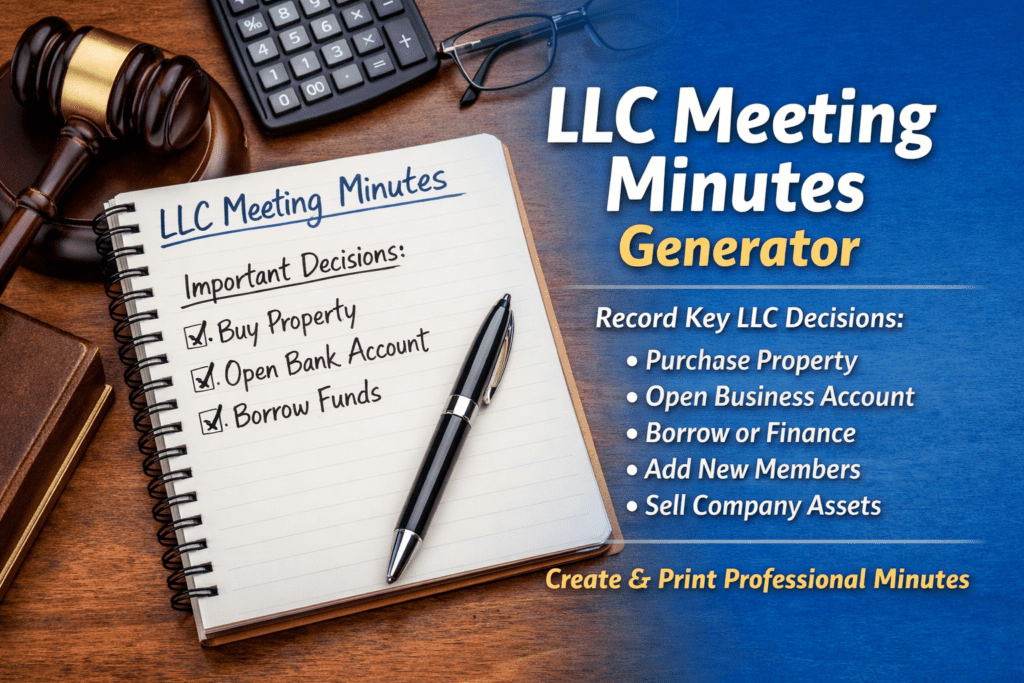 LLC Meeting Minutes Generator banner showing a notebook labeled “LLC Meeting Minutes,” a gavel, calculator, pen, and checklist of key business decisions such as buying property, opening a bank account, borrowing funds, adding members, and selling company assets.
