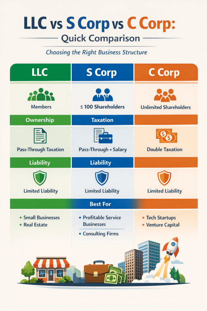 infographic showing llc vs S corp vs C corp quick comparison