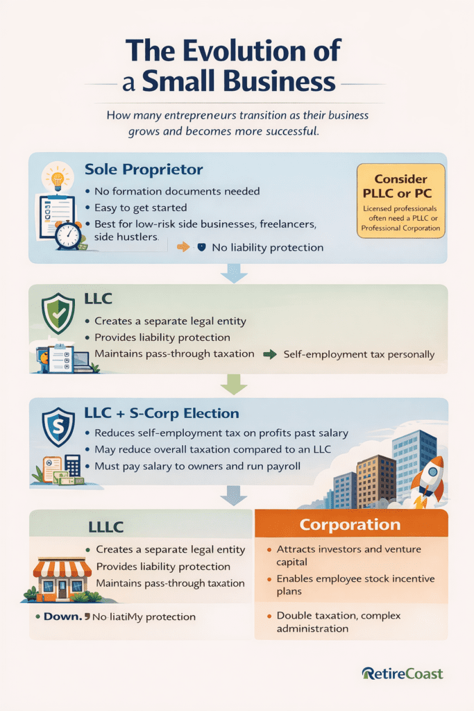 Evolution of a small business showing progression from sole proprietorship to LLC, LLC with S-Corp election, and corporation as businesses grow and require greater liability protection and tax planning.
Caption

