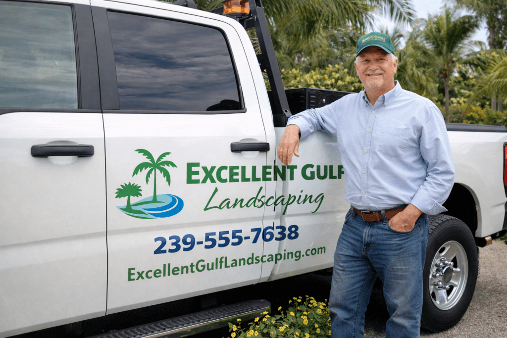 Eric standing beside his landscaping truck branded “Excellent Gulf Landscaping,” representing a small business owner who initially chose the wrong business legal structure.